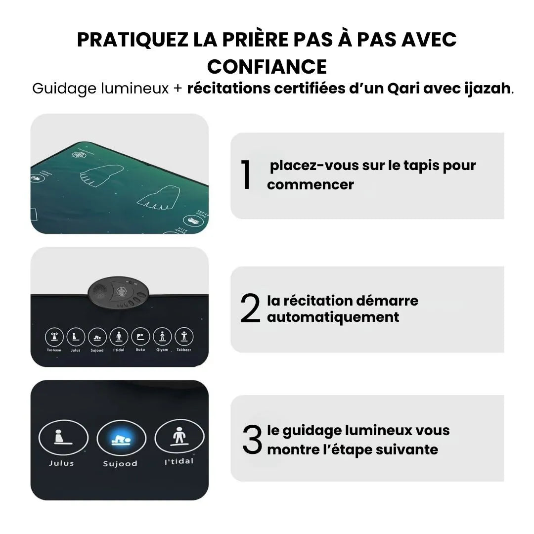 Tapis de Prière Intelligent™ – Apprenez & Priez Avec Sérénité