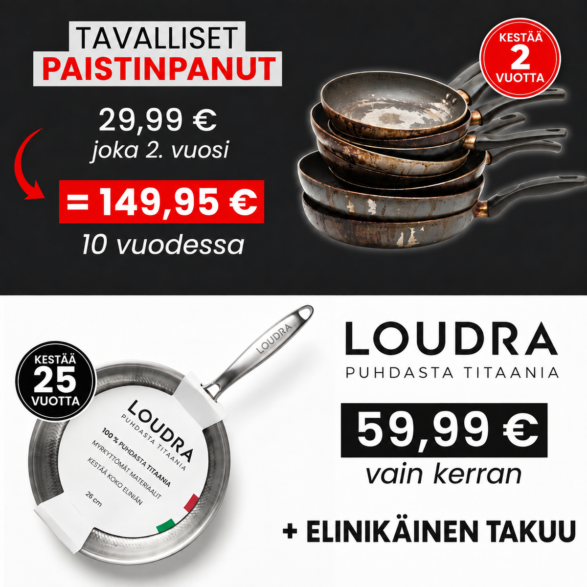 100 % puhdas titaanipannu myrkyttömään ruoanlaittoon