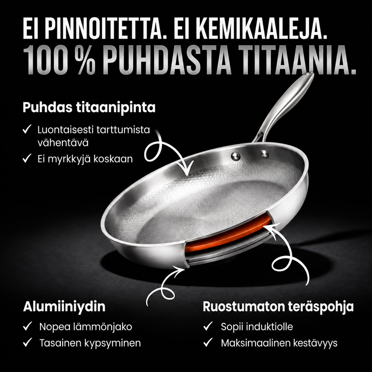 100 % puhdas titaanipannu myrkyttömään ruoanlaittoon