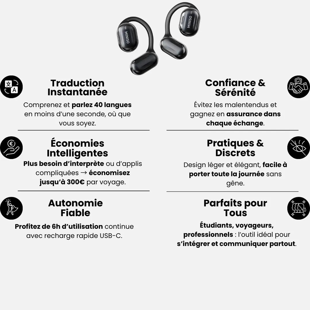 Écouteurs Traducteurs Instantanés™ – 40 Langues en Temps Réel